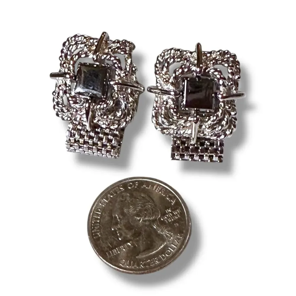 Vintage Wraparound Cufflinks Mens Silver Tone Gray Glass Rope Square Bullet Back